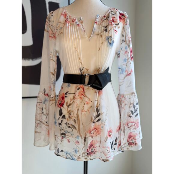 White House Black Market Floral Chiffon Bell Sleeve Blouse | Size M - Picture 2 of 11